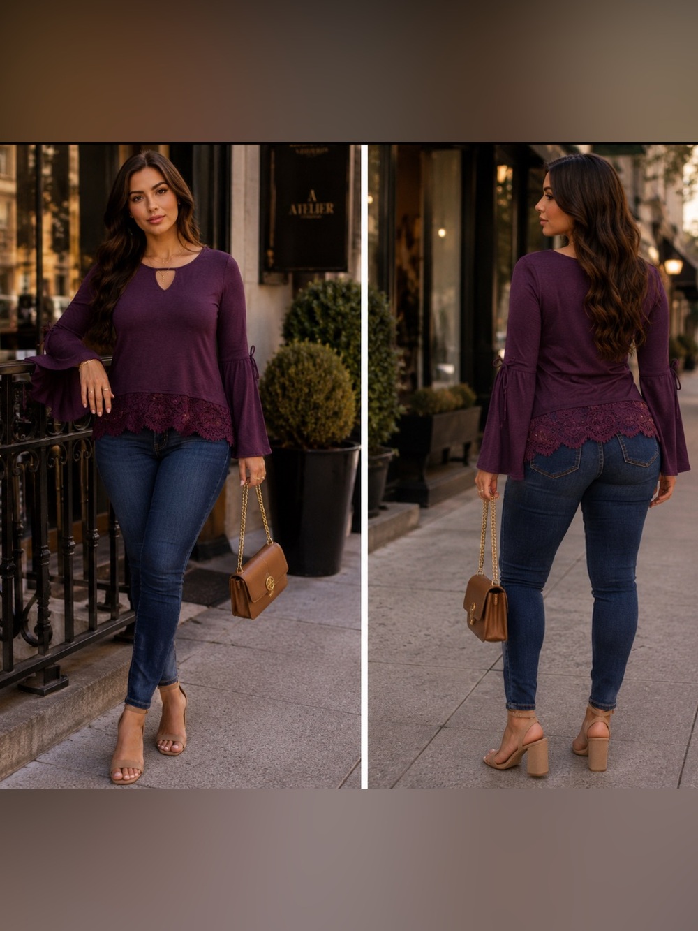 Mason&Belle Sleeve Lace Hem Top - Plum